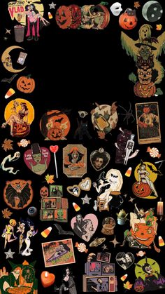 an assortment of halloween stickers on a black background