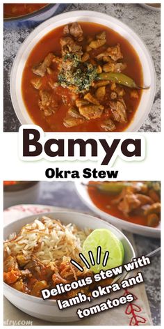 two pictures with different types of food in them and the words, banana okra stew