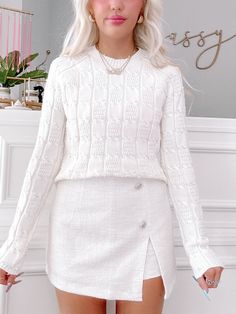 Posh Pearl Sweater | Sassy Shortcake Sassy Shortcake, Pearl Sweater, Tweed Texture, Ivory Skirt, Ivory Sweater, Tweed Skirt, Shoe Gifts, Gold Buttons, Elevate Your Style