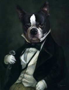 a painting of a dog dressed in a tuxedo