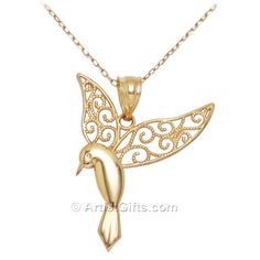 Looking for a special hummingbird necklace? Our beautiful filigree style 14k gold Hummingbird necklace is an excellent choice. With delicate filigree hummingbird wings and solid body it is a very unique design. You can purchase just the hummingbird pendant by itself or as a necklace with an 18" gold chain. Beautiful Hummingbirds, Gold Hummingbird, Hummingbird Jewelry, Hummingbird Gifts, Hummingbird Necklace, Hummingbird Earrings, Hummingbird Pendant, Bird Jewelry, Lovely Necklace