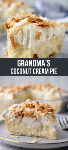 a piece of grandma's coconut cream pie on a plate