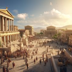 a large group of people standing around in front of some ancient buildings and pillars with columns on the sides