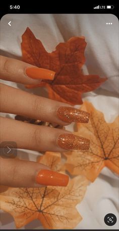 Orange Fall Nails Almond Shape, September Nails Sparkle, Burnt Orange Nails With Glitter, Sparkly Burnt Orange Nails, Burnt Orange Sparkle Nails, Fall Acrylic Nails Autumn Coffin Simple, Orange Nails Sparkle, Fall Acrylic Nail Designs Autumn, Burnt Orange Ombre Nails