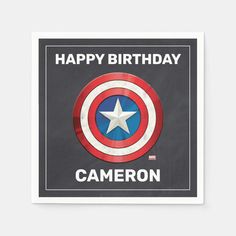 a captain america birthday card with the words happy birthday cameron written in white on it