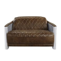 a brown leather couch sitting on top of a metal frame