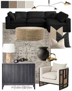 a living room with black furniture and neutral colors