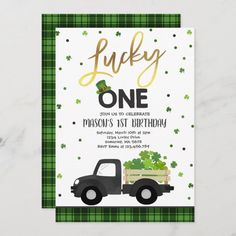 a green and white truck with shamrocks on it's back is the words lucky one