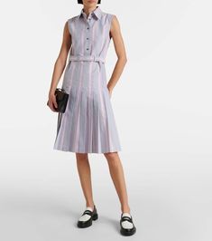 Find THOM BROWNE Cotton Midi Dress on Editorialist. Material: 100% cotton. Care instructions: dry clean. Made in Italy. Designer color name: Rwbwht. Closure: partially buttoned front. Attached belt. Sleeveless Cotton Shirt Dress For Work, Cotton A-line Office Dress, Cotton Pleated Midi Shirt Dress, Chic Cotton Knee-length Shirt Dress, Formal Cotton A-line Shirt Dress, Workwear Cotton Pleated Shirt Dress, Pleated Cotton Shirt Dress For Work, Pleated Cotton Dress For Work, Summer Cotton Office Dress