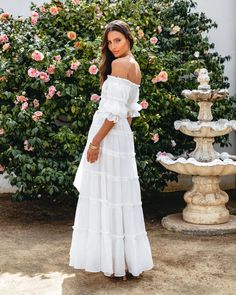 Details: Tiered dress Off the shoulder Maxi dress Size Chart: Size Length Bust inch cm inch cm S 48.4 123 33 84 M 49.2 125 34.6 88 L 50.8 129 36.2 92 XL 51.2 130 37.8 96 2XL 51.7 131 39.4 100 Chic White Maxi Length Off Shoulder Dress, White Ruffled Off Shoulder Dress For Beach, White Off Shoulder Dress With Ruffles For Beach, White Off-shoulder Sundress Maxi Dress, Ruffled Off Shoulder Maxi Dress For Brunch, Ruffled Off-shoulder Maxi Dress For Brunch, Off-shoulder Maxi Dress With Ruffles For Brunch, Vacation Maxi Off Shoulder Dress With Ruffles, Maxi Length Off-shoulder Dress With Ruffles For Brunch