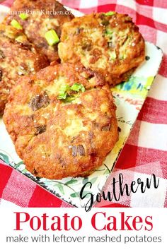 three baked potato cakes on a plate with the title text above it that reads southern potato cakes