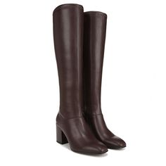 Stand tall in an ultra-sleek knee-high boot with modern design endless comfort and covetable style. Leather faux leather or crocco-printed leather upper. Side zip for easy on/off. Square toe. Sleek silhouette. 16.73 inch shaft height 13.23 inch circumference. 2.76 inch block heel. Model Height 5ft. 5in. and wears a size 6 Measurements taken from base of the heel up 34cm. Right calf measures 32.2cm. Left calf measures 32.0cm. Wide Calf Tall Boots, Fall Boots Outfit, Tall Brown Boots, How To Stretch Boots, Franco Sarto Shoes, Womens Knee High Boots, Wide Calf, Boots Knee