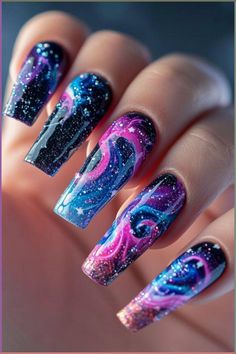 Easy Halloween nails include simple and low key nail art, such as spider webs, pumpkins, zombies and many others. Check out more ideas! Science Nails Designs, Eclipse Nails, Galactic Nails, Nail Marble, Galactic Glam, Glamorous Birthday, Cosmic Nails