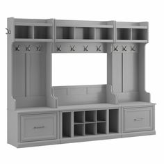 a large gray shelf with drawers and shelves on it's sides is shown in front of a white background