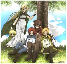 four anime characters sitting in the grass under a tree with their arms around each other