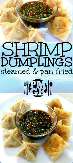 shrimp dumplings with steamed and pan fried seasoning in a bowl on a plate