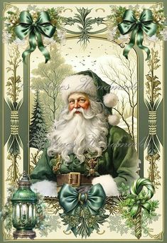 a christmas card with a santa clause holding a green lantern in front of trees and bows