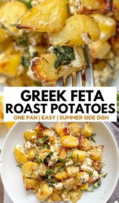 greek feta roast potatoes on a white plate with a fork and text overlay that reads, greek feta roast potatoes one pan easy summer side dish