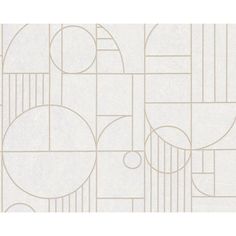 a white and beige wallpaper with circles, lines and shapes on the side of it