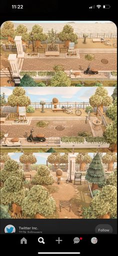 an illustrated view of a park with benches and trees