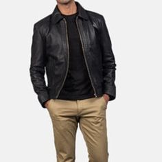 This black leather jacket, with its sleek, rugged appeal, is made of premium-quality sheepskin leather. It is designed to lift up your overall style game. This timeless vintage biker jacket blends classic biker style with contemporary fashion, ensuring durability and a luxurious feel. This versatile biker jacket can easily be worn on casual and semi-formal occasions. This Biker leather jacket features a stand-up collar, which shows a bold and polished aesthetic. It has a zipper front and zipper Fitted Leather Jacket Urban Style, Fitted Leather Biker Jacket For Streetwear, Fitted Black Leather Biker Jacket, Fitted Leather Jacket With Zip Fly For Streetwear, Fitted Urban Leather Jacket With Zip Fly, Urban Fitted Leather Jacket With Zip Fly, Fitted Black Urban Leather Jacket, Black Moto Leather Jacket With Zip Fly, Vintage Biker Jacket