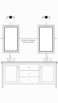 an image of a bathroom vanity with two sinks and one mirror on the wall above it