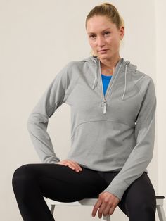 FOR: Medium to high-impact workouts at the gym, studio, or outdoors FEEL: Flex Fleece fabric has a cozy, brushed feel with all-around stretch FAVE: Thumbholes hold sleeves in place and keep warmth in Semi-fitted, skims easily over the body Regular length, hits at low hip. Athleisure Activewear For Light Sports With 4-way Stretch, Stretch Activewear For Light Sports, Stretch Sportswear For Light Sports, Sporty Moisture-wicking Activewear For Sports, Gray Recycled Polyester Activewear For Workout, Athleisure Activewear For Sports With Thumbholes, Athleisure Activewear With Thumbholes For Sports, Gray Sweat-resistant Activewear, Recycled Polyester Activewear For Gym