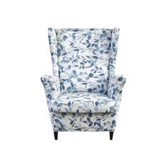 an upholstered chair with blue and white floral print on the armrests