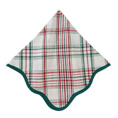 a red, white and green plaid handkerchief on a white background with dark green trim