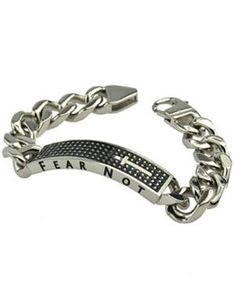 "Solid 316L stainless steel high polish bracelet with lobster clasp. Fully engraved on all 4 sides with black enamel filling. Top of Bracelet has cross and dot grill; side 1 has power point theme \"Fear Not\"; side 2 has scripture reference \"1 Corinthians 13:4-8\"; under side of bracelet has the verse wording \"Fear Not, For I Am With You; Do Not Be Dismayed, For I Am Your God. I Will Strengthen You And Help You; I Will Uphold You With My Righteous Right Hand\". Bracelet is 8\" in length (stand Silver Engraved Stainless Steel Wristband, Engraved Stainless Steel Silver Wristband, Personalized Silver Stainless Steel Wristband, Power Point Theme, Scripture Jewelry, Under Side, Christian Bracelets, Men's Bracelets, Christian Jewelry