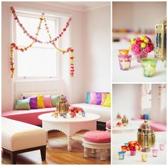 a living room filled with lots of furniture and flowers in vases on the windowsill