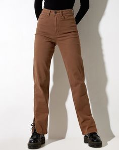 Rich Brown High Waisted Straight Leg Split Hem Jeans | Straight Leg – motelrocks-com-us Mid Season Sale, Brown Jeans, Black Satin Dress, Strappy Top, Motel Rocks, Bandeau Dress, Denim Collection, Swimwear Shorts, Long Sleeve Bodycon Dress