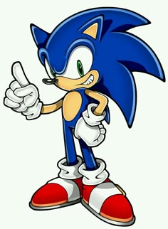 sonic the hedge is pointing at something with his index finger and thumb up in front of him