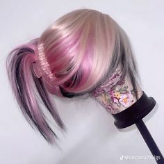 Blonde Roots Colored Ends, Hair Color Combo Ideas, Blonde Pink Black Hair, Under Halo Hair Color, Holographic Hair Peekaboo, Bimbocore Hair, Blonde Black And Pink Hair, Black Pink Blonde Hair, Pink Black Blonde Hair