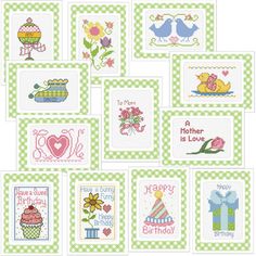 cross - stitch cards with different designs and words on them, all in green gingham