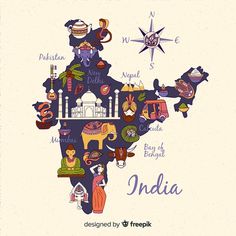 an illustrated map of india with all the major attractions