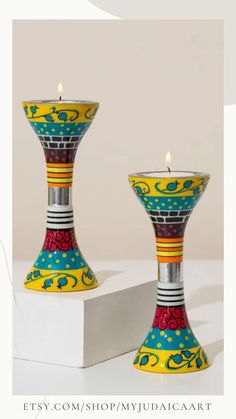 Hand Painted Shabbat Candle Holders Jewish Art