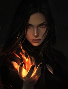 a woman with long black hair and red eyes holding a fire ball in her hands