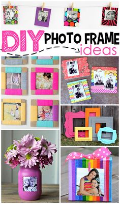 collage of photos with the words diy photo frame ideas on them and flowers in a vase