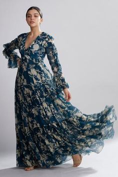 Shop for KoAi Green Chiffon Floral Print Maxi Dress for Women Online at Aza Fashions Cream Floral Dress, Blue Chiffon Dresses, Girls Maxi Dresses, Designer Maxi Dress, Chiffon Floral, Floral Dresses Long, Maxi Dress Online, Indian Fashion Designers, Floral Print Maxi Dress