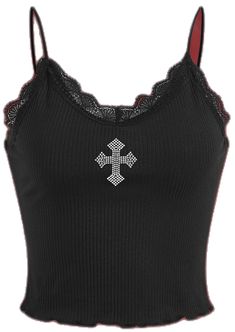 Black Lace Trim Top For Winter, Black Lace Trim Tops For Winter, Y2k Black Cami Top, Gothic Tops With Lace Trim And Stretch, Black Fitted Y2k Camisole, Black Y2k Sleeveless Camisole, Gothic Stretch Tops With Lace Trim, Gothic Fitted Camisole Top, Fitted Gothic Camisole Top