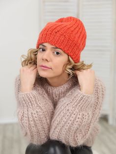 "Make a definite statement with your style by completing a cool outfit with our red mohair knit beanie hat that has a distinctive design that's soft and comfortable. The chunky knit and slightly slouchy fit will make a bold fashionable statement and promise to get you people's compliments. DETAILS - Made from 2 layers of 100 % natural Wool - The model is is wearing size S-М - As mostly all models in our shop the sweater is loose fit - Colour on photo - orange TAKING CARE - Hand wash only - Dry g Casual Acrylic Yarn Beanie, Warm One Size Beanie Cap, Warm One-size Beanie Cap, Casual Acrylic Yarn Beanie Bonnet, Knit Beanie Cap One Size Fits Most, Soft Knit One Size Beanie Cap, Warm One-size Beanie Bonnet, Winter Soft Knit Crochet Beanie, Soft Knit Crochet Beanie For Winter