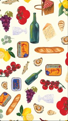 a painting of food and wine on a white background with red berries, oranges, lemons, grapes, bread