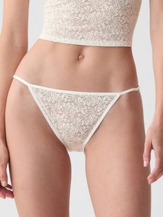 Soft, stretch floral lace bikini.  Elasticized waist.  Low rise.  Full back coverage.  For more fit and sizing info, check out our Size Guide. 2000 Clothes, Chanel Loafers, Jodie Sweetin, Slouch Socks, Beach Friends, Pretty Legs, Fashion Sites, Lazy Day Outfits, Vibe Clothes