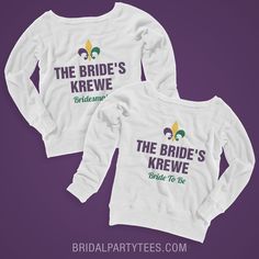 the bride and groom's sweatshirts are white with green lettering on them, which says the bride's keewe