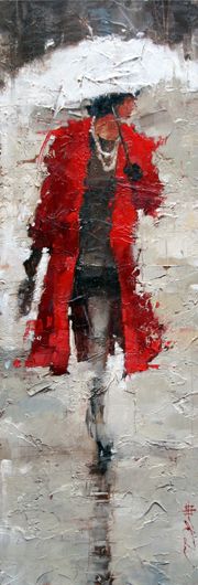 a painting of a woman walking in the rain with an umbrella and red coat on