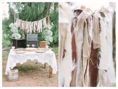 a table with some food on it next to an old tv and hanging streamers