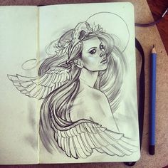 a drawing of a woman with wings on her head