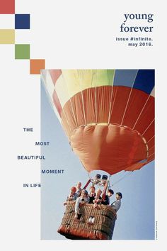 the cover of young forever magazine with people in a hot air balloon flying through the sky