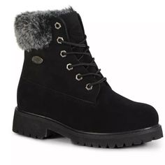 Boot Features Faux-Fur Trim Padded Collar & Tongue Durable Lug Sole Boot Construction Synthetic Upper Faux-Fur Lining Rubber Outsole Boot Details Round Toe Lace-Up Closure Cushioned Insole 1-In. Heel 5.5-In. Shaft 12.5-In. Circumference 279 Black Casual Boots, Lugz Boots, Black Chunky Boots, Faux Fur Fashion, Fur Ankle Boots, Lug Sole Boots, Womens Combat Boots, Mid Boots, Slip On Boots